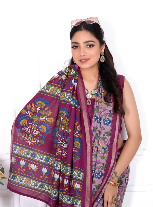 Heavy Mul Cotton Silk Saree with Kalamkari Print & Golden Zari Patti Border – Ratna 02