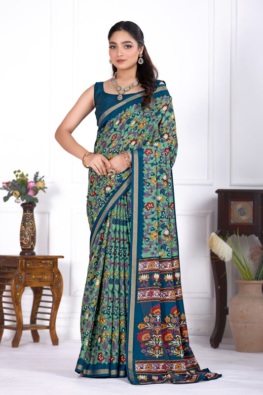 Heavy Mul Cotton Silk Saree with Kalamkari Print & Golden Zari Patti Border – Ratna 02