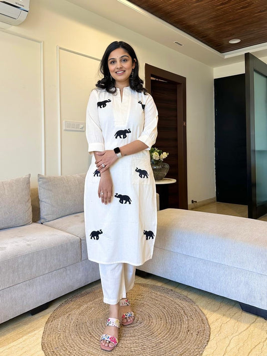 Elephant embroidered cotton pant set - Swaraas