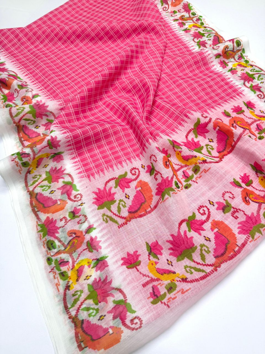 Pink Checks Linen Saree with Floral Ikat Border & Running Blouse – 6.30 Mtrs | Swaraas