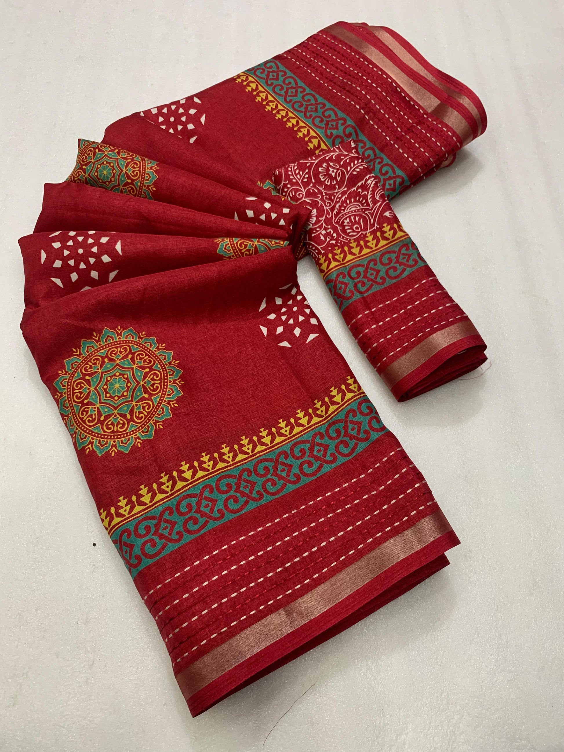 Soft dola silk saree with beautiful ajrakh pichwai print and trending katha work border. - Swaraas