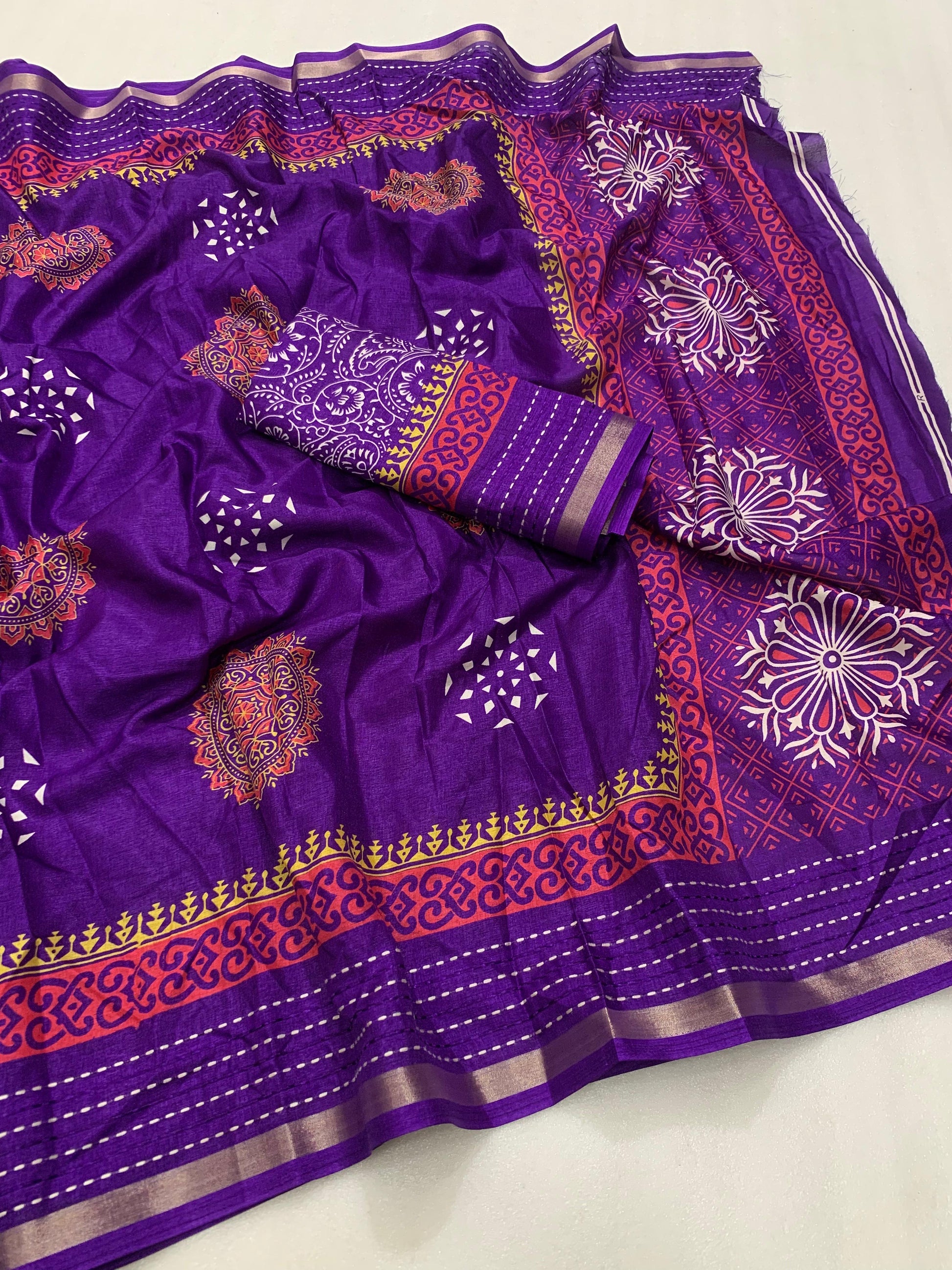 Soft dola silk saree with beautiful ajrakh pichwai print and trending katha work border. - Swaraas