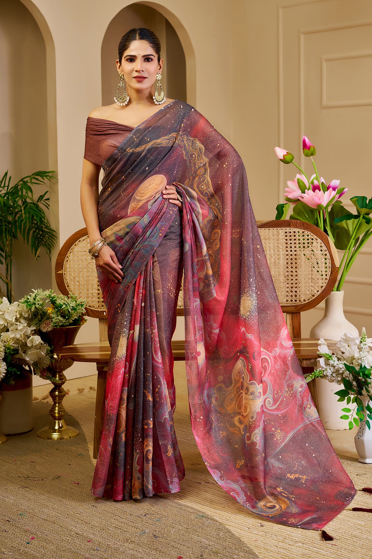 Mauve and Rose Pink Tissue Silk Saree with Multicolour Abstract Design, Shimmering Finish and Running Blouse for Festive Wear