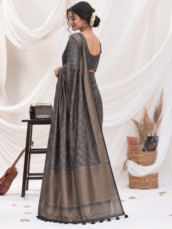 Soft Cotton Zari Jacquard Saree with Designer Print, Zari Weaving & Tassel Pallu