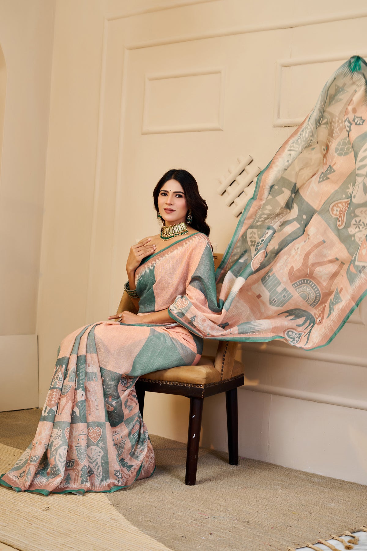 Peach and Sage Green Tissue Silk Saree with Artistic Motifs, Contrast Border and Tassel Pallu for Festive Wear