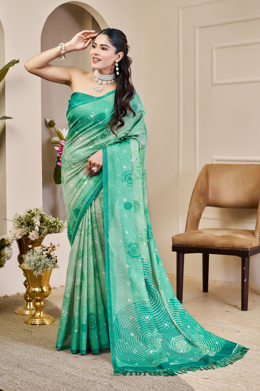 Sea Green Tissue Silk Saree with Teal Border, Circular Motifs and Tassel Pallu for Festive Wear with Running Blouse