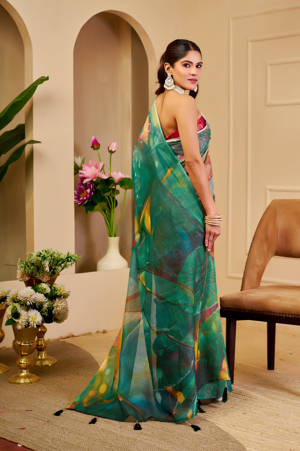 Teal Green Multicolour Tissue Silk Saree with Decorative Motifs and Tassel Pallu, 6.3 m with Running Blouse for Festive Wear