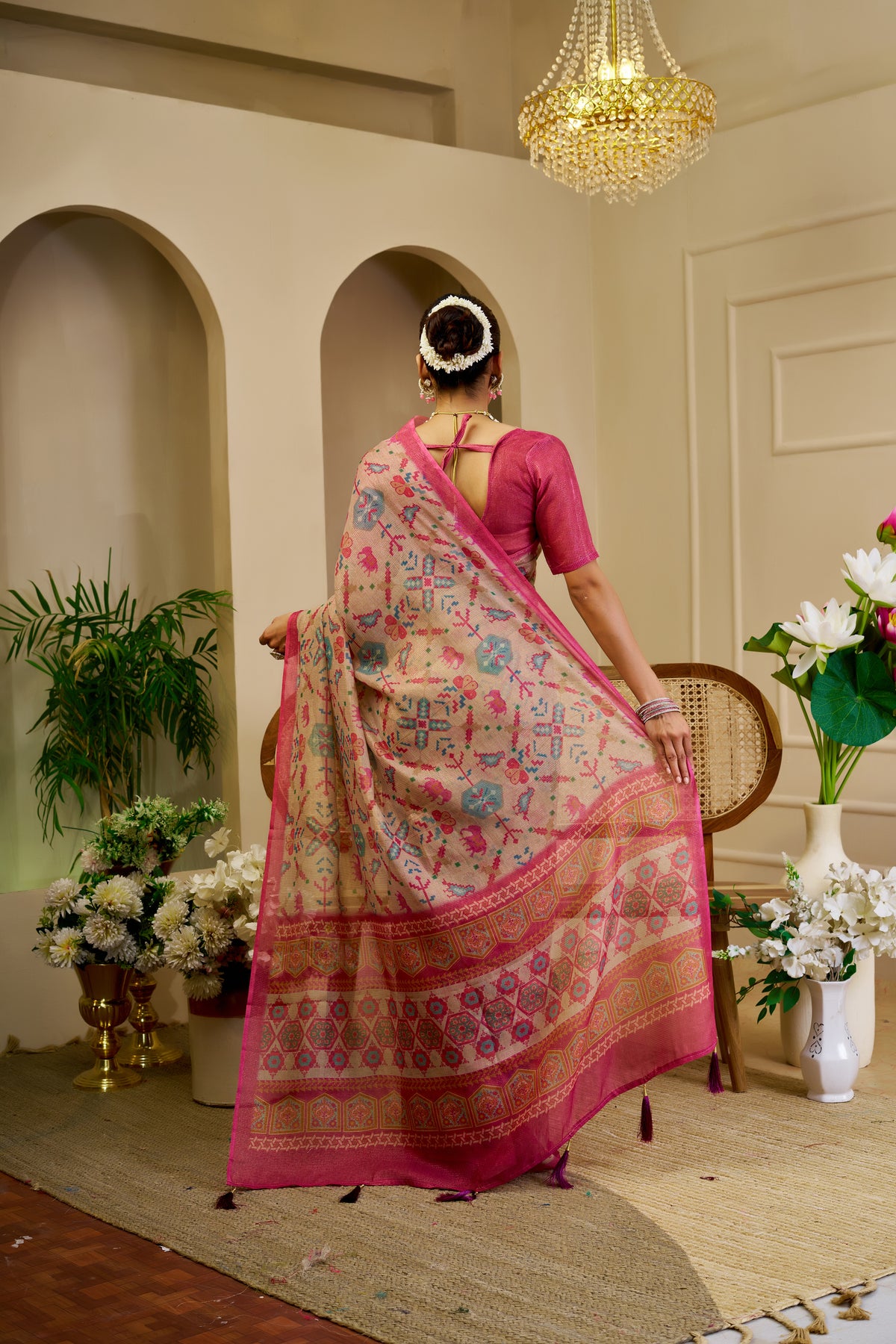 Champagne Beige Tissue Silk Saree with Multicolour Motifs, Rani Pink Border and Running Blouse for Festive Occasions