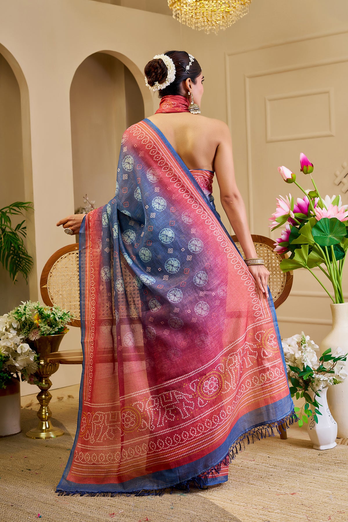 Slate Blue Tissue Silk Saree with Coral Pink Border, Decorative Motifs and Pallu, 6.3 m with Running Blouse for Festive Wear