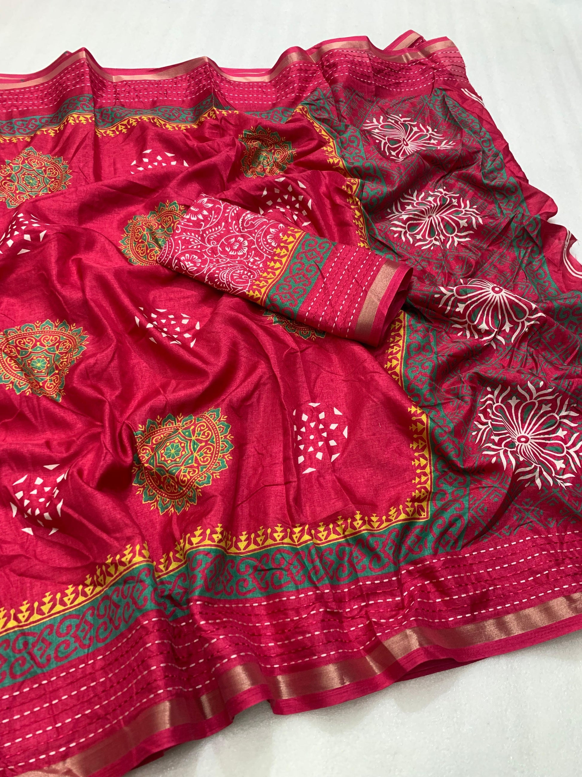 Soft dola silk saree with beautiful ajrakh pichwai print and trending katha work border. - Swaraas