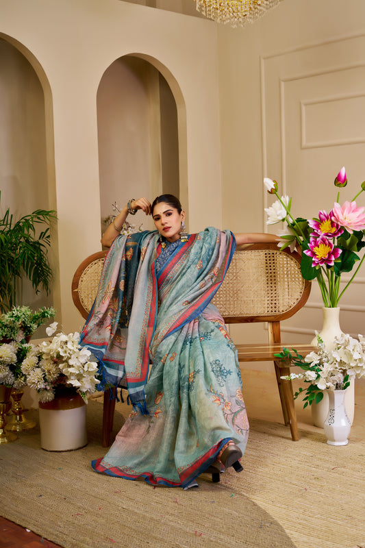 Sea Green Tissue Silk Saree with Floral Motifs, Pink and Blue Border & Running Blouse for Festive Occasions