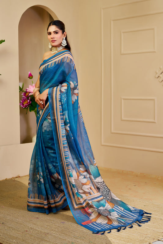Peacock Blue Tissue Silk Saree with Floral Design, Striped Border and Running Blouse for Festive Occasions | Swaraas