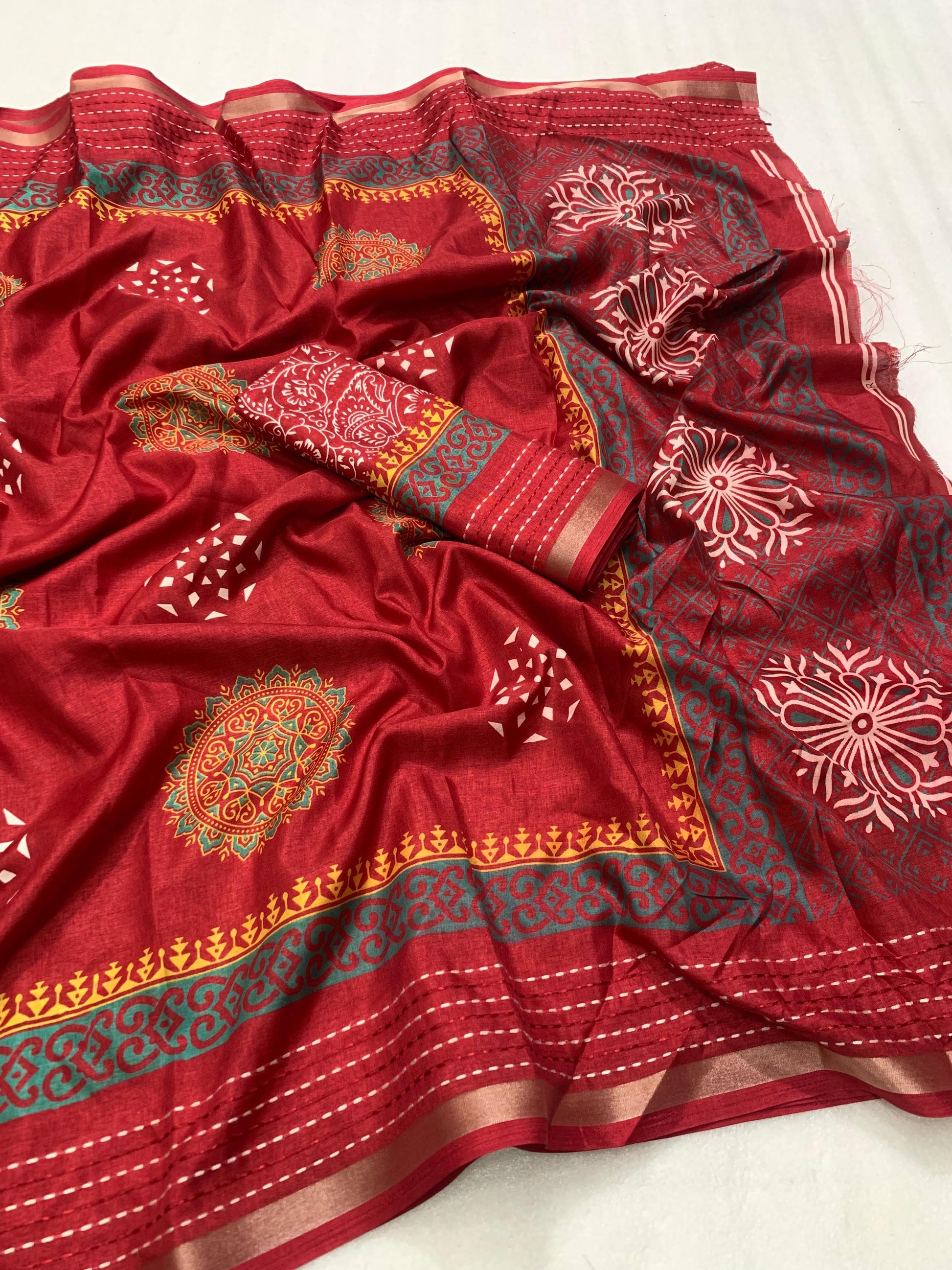 Soft dola silk saree with beautiful ajrakh pichwai print and trending katha work border. - Swaraas