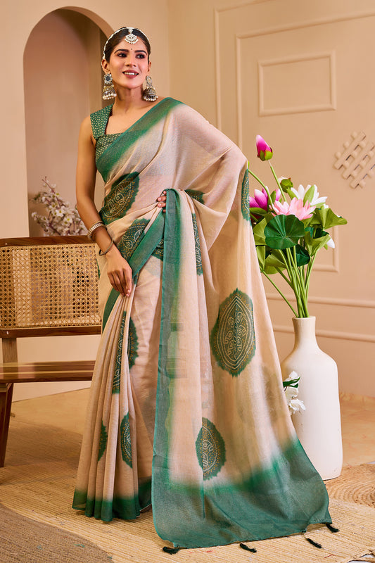 Beige and Emerald Green Tissue Silk Saree with Circular Motifs, Contrast Border and Running Blouse for Festive Wear