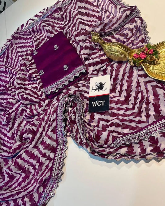 Lehriya Georgette Printed Saree with Heavy Sequin Lace Border & Silk Embroidered Blouse – Lahriya Special Collection