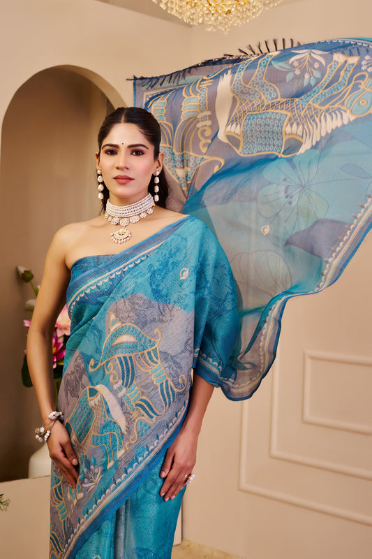 Turquoise Blue Tissue Silk Saree with Decorative Border and Elephant Motif Pallu, 6.3 m with Running Blouse for Festive Wear