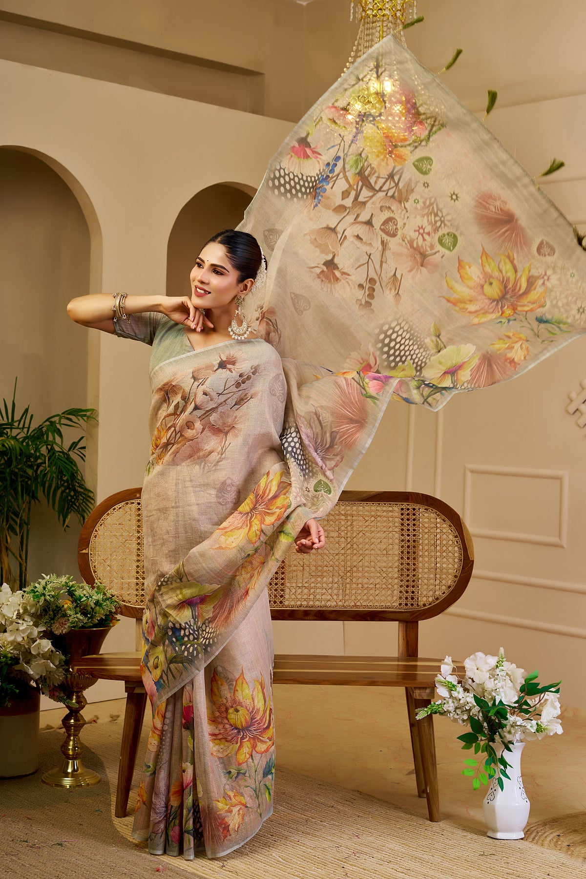 Pearl Grey Tissue Silk Saree with Multicolour Floral Digital Print, Tassel Pallu and Running Blouse for Festive Wear