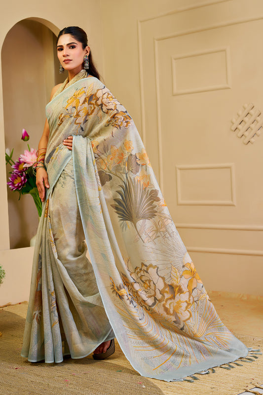 Silver Sage Green Tissue Silk Saree with Floral Design and Tassel Pallu, 6.3 Metres with Running Blouse for Festive Wear