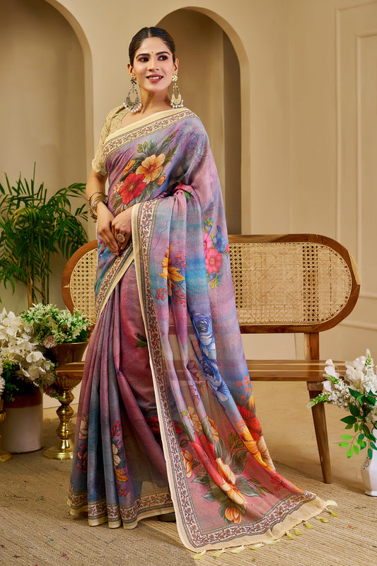 Lavender Multicolour Floral Print Tissue Silk Saree with Decorative Border and Running Blouse for Festive Occasions