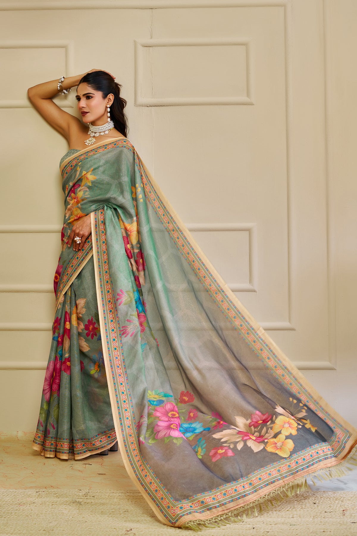 Sea Green Tissue Silk Saree with Multicolour Floral Design, Decorative Border and Running Blouse for Festive Wear