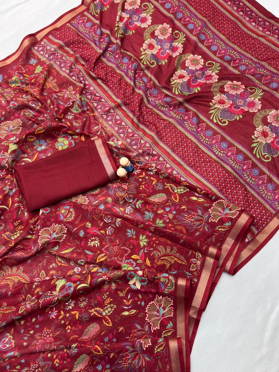 Mul Cotton Silk Kalamkari Print Saree with Zari Border – 6.30 Mtrs