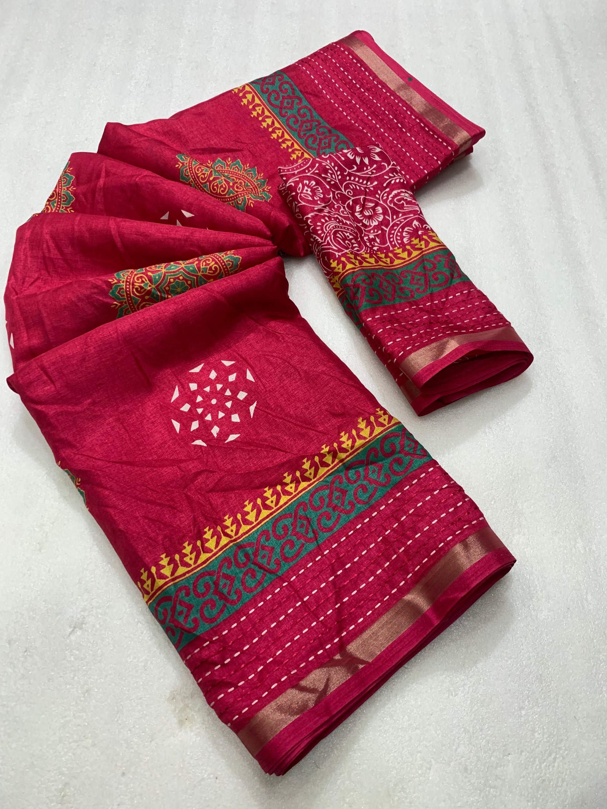 Soft dola silk saree with beautiful ajrakh pichwai print and trending katha work border. - Swaraas