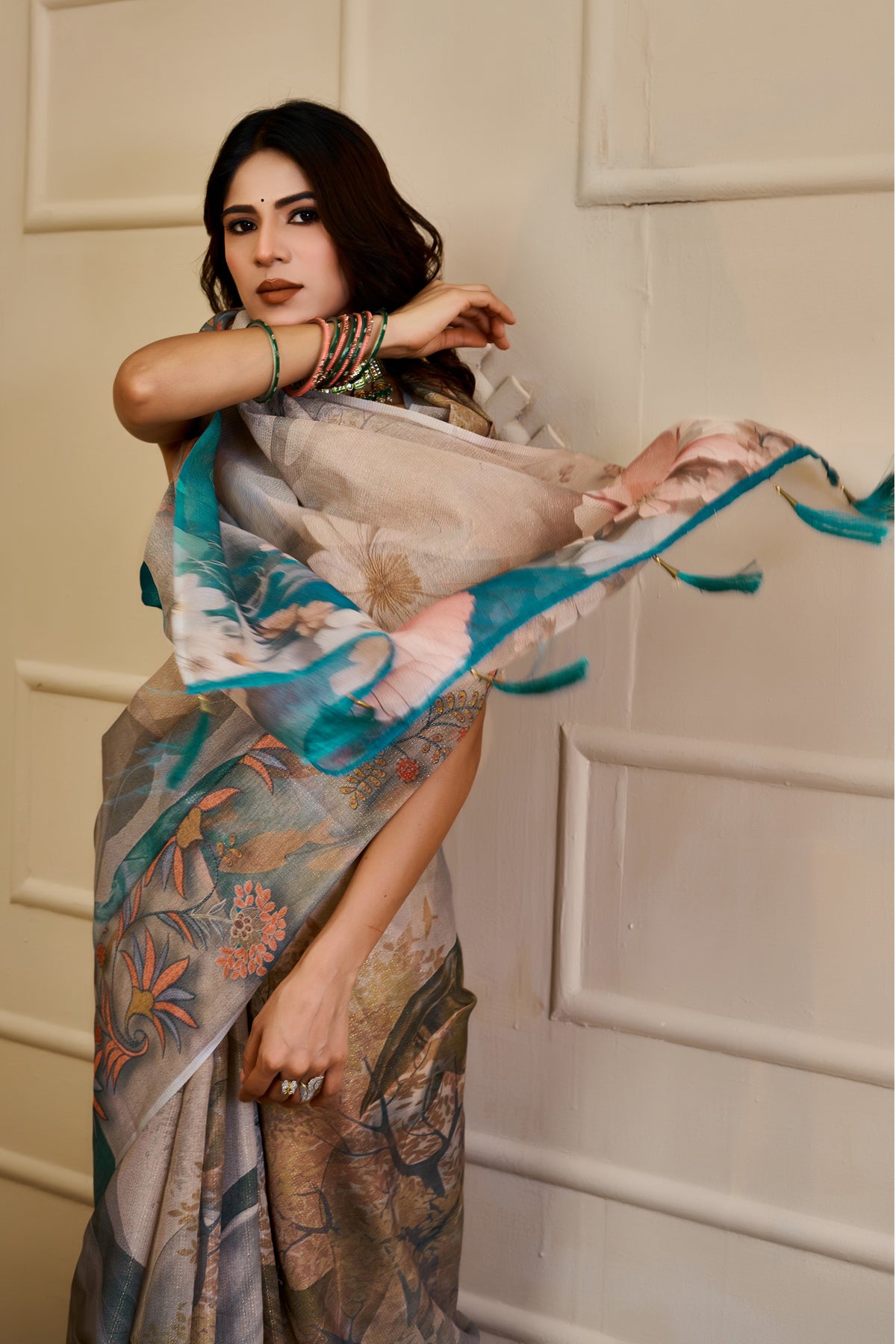 Silver Grey Tissue Silk Saree with Floral Print, Teal Accents and Running Blouse for Festive Celebrations