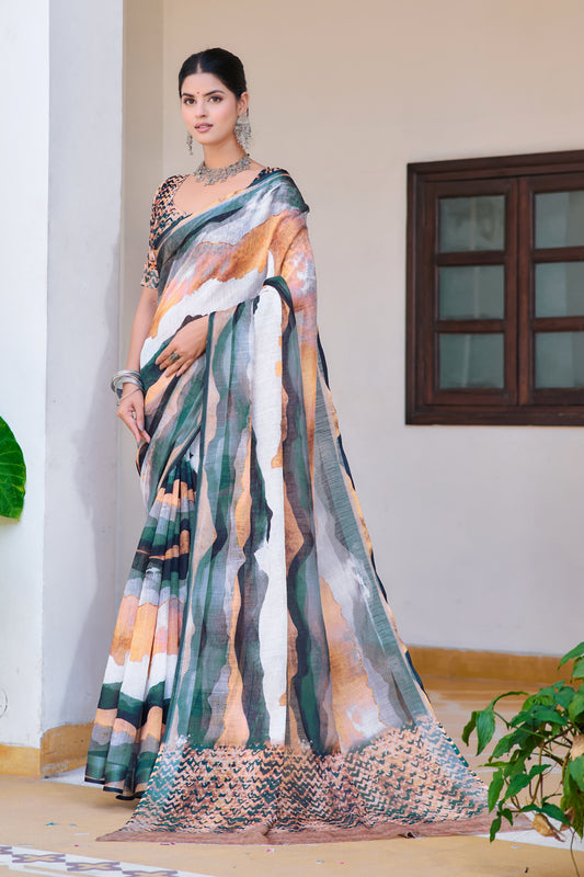 Soft linen cotton saree with digital print and silver patti border. - Swaraas