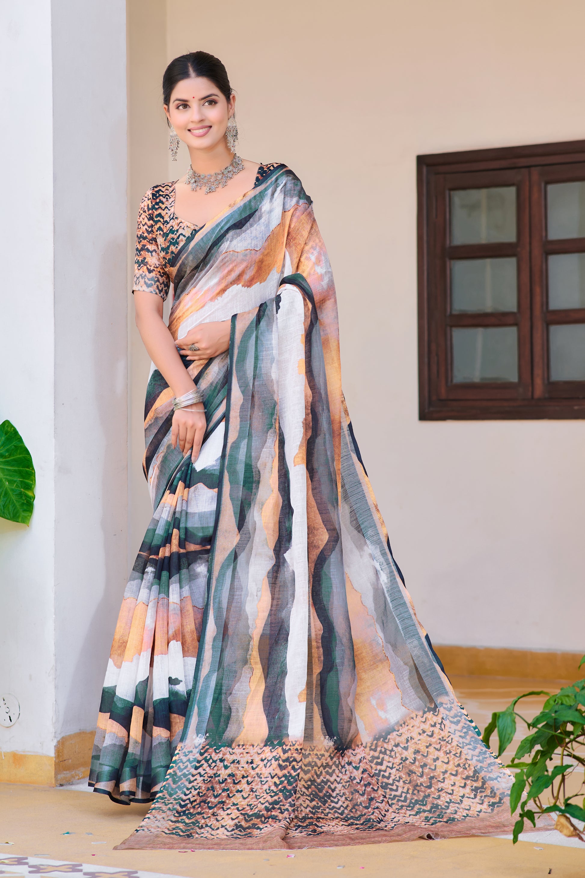 Soft linen cotton saree with digital print and silver patti border. - Swaraas