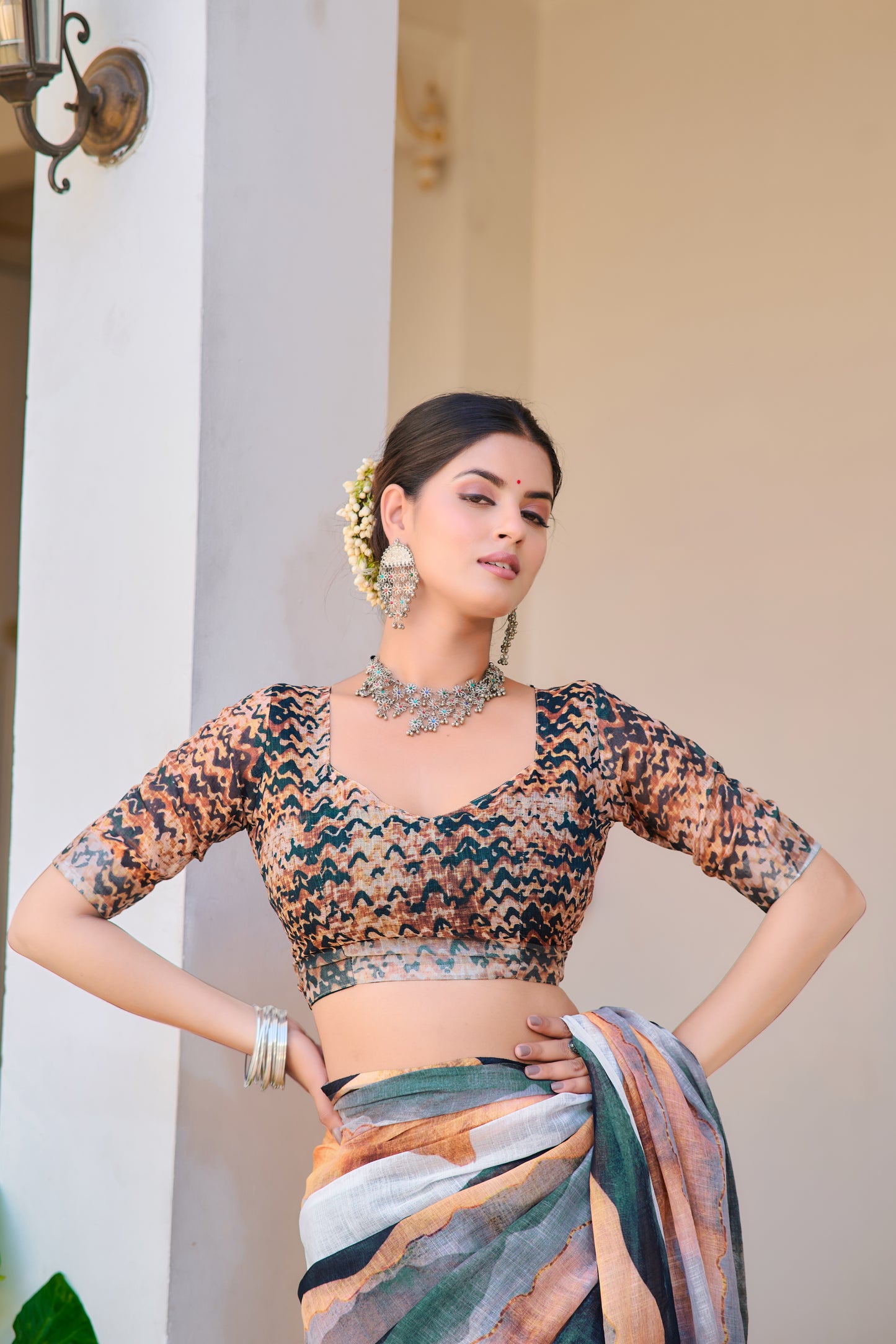 Soft linen cotton saree with digital print and silver patti border. - Swaraas