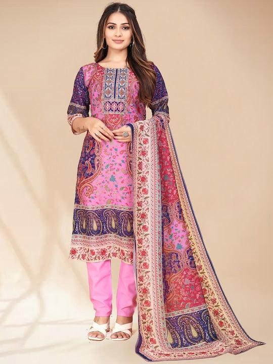 Pink, purple & white printed Kurta with Trousers & dupatta - Swaraas