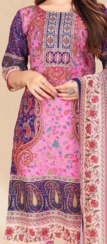 Pink, purple & white printed Kurta with Trousers & dupatta - Swaraas