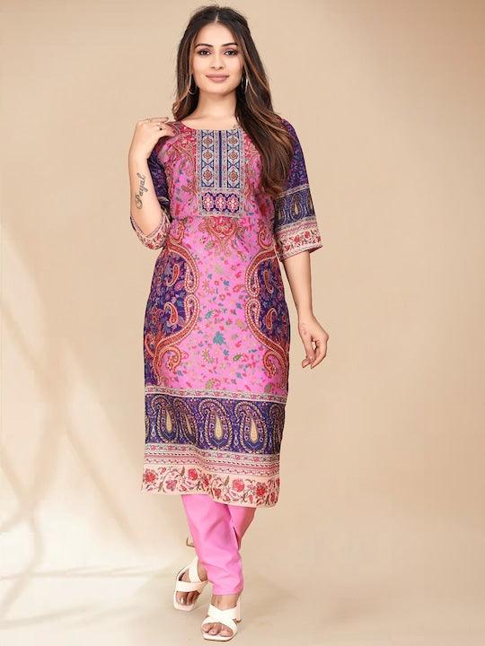 Pink, purple & white printed Kurta with Trousers & dupatta - Swaraas