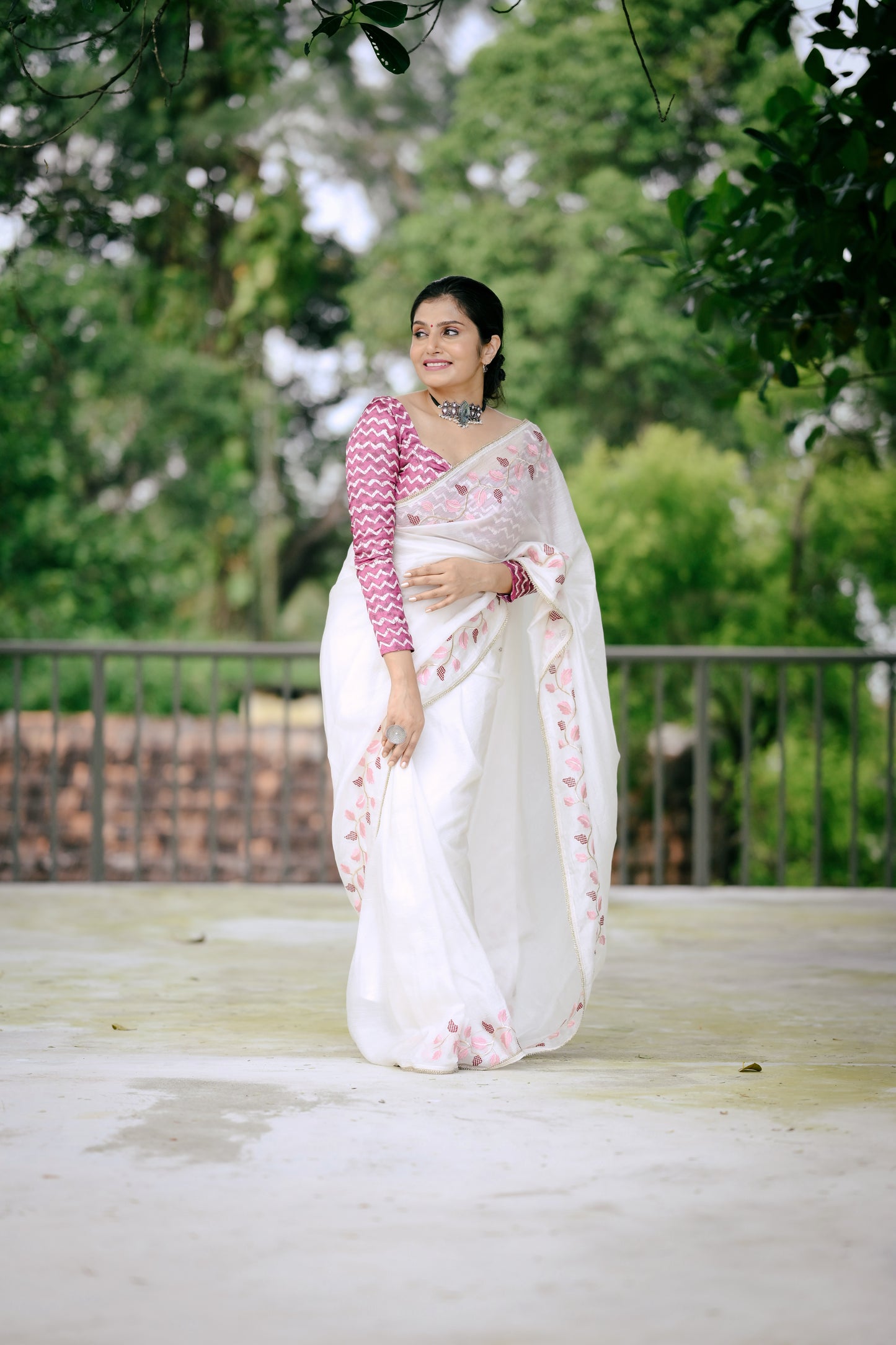 Premium Crushed Georgette Designer Saree in White Leaf Edition with Batik Print Crape Silk Blouse