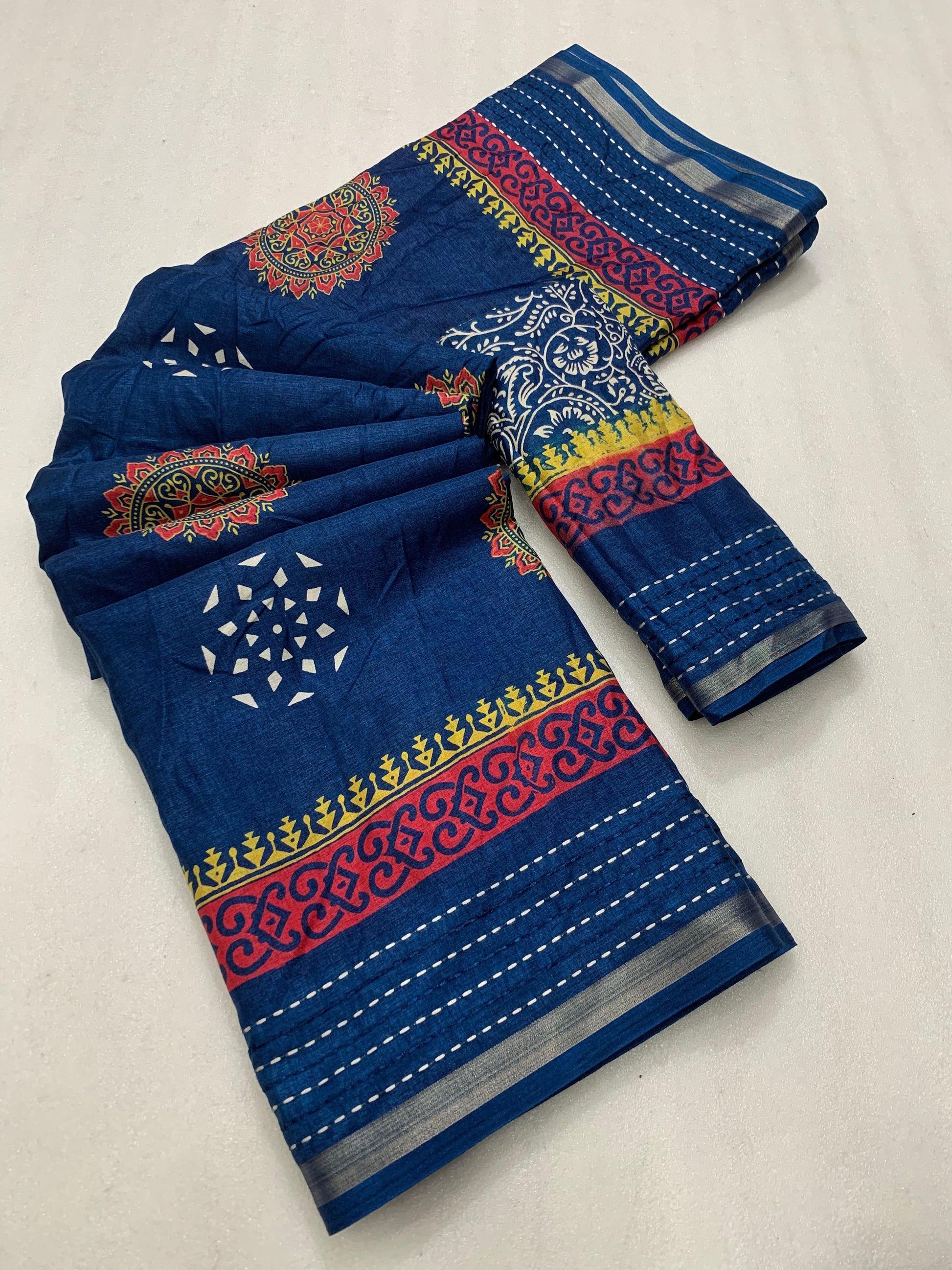 Soft dola silk saree with beautiful ajrakh pichwai print and trending katha work border. - Swaraas