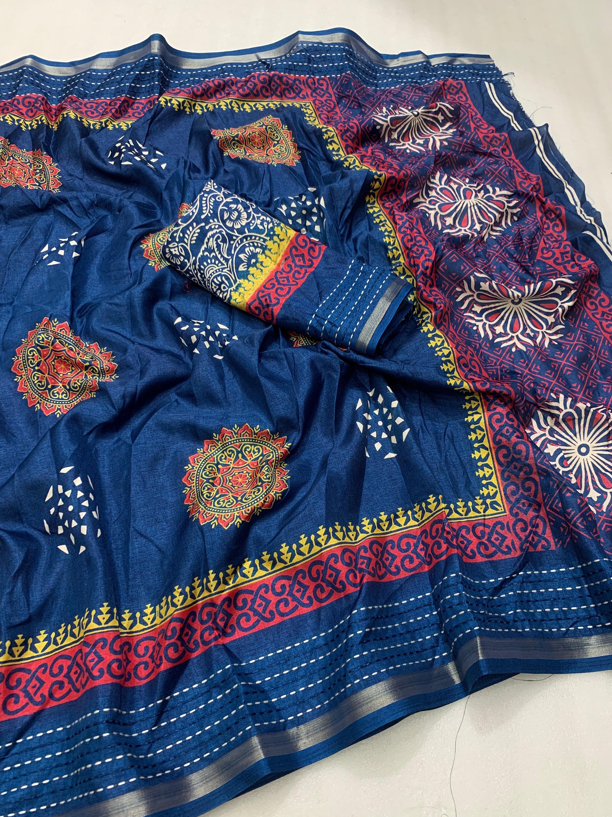 Soft dola silk saree with beautiful ajrakh pichwai print and trending katha work border. - Swaraas