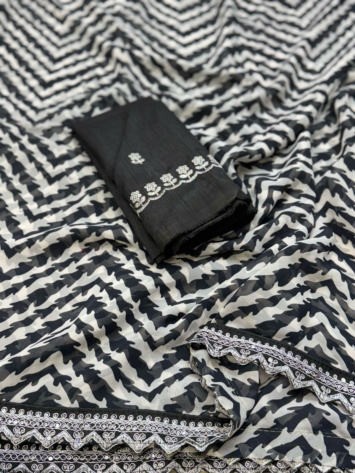 Lehriya Georgette Printed Saree with Heavy Sequin Lace Border & Silk Embroidered Blouse – Lahriya Special Collection