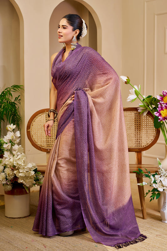 Mauve Purple and Rose Gold Tissue Silk Saree with Shimmering Dotted Design and Running Blouse for Festive Occasions