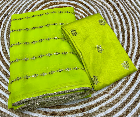 Designer Georgette Saree with Intricate Handwork & Embroidered Work Blouse – Elegant Party Wear | Swaraas.in