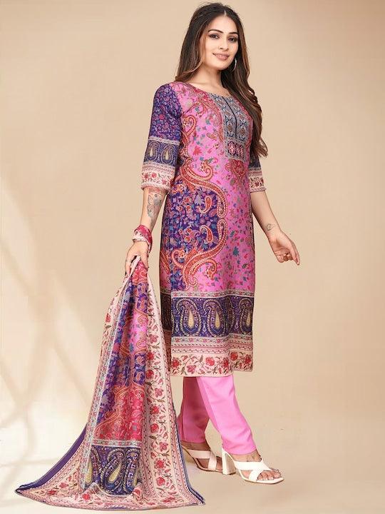 Pink, purple & white printed Kurta with Trousers & dupatta - Swaraas