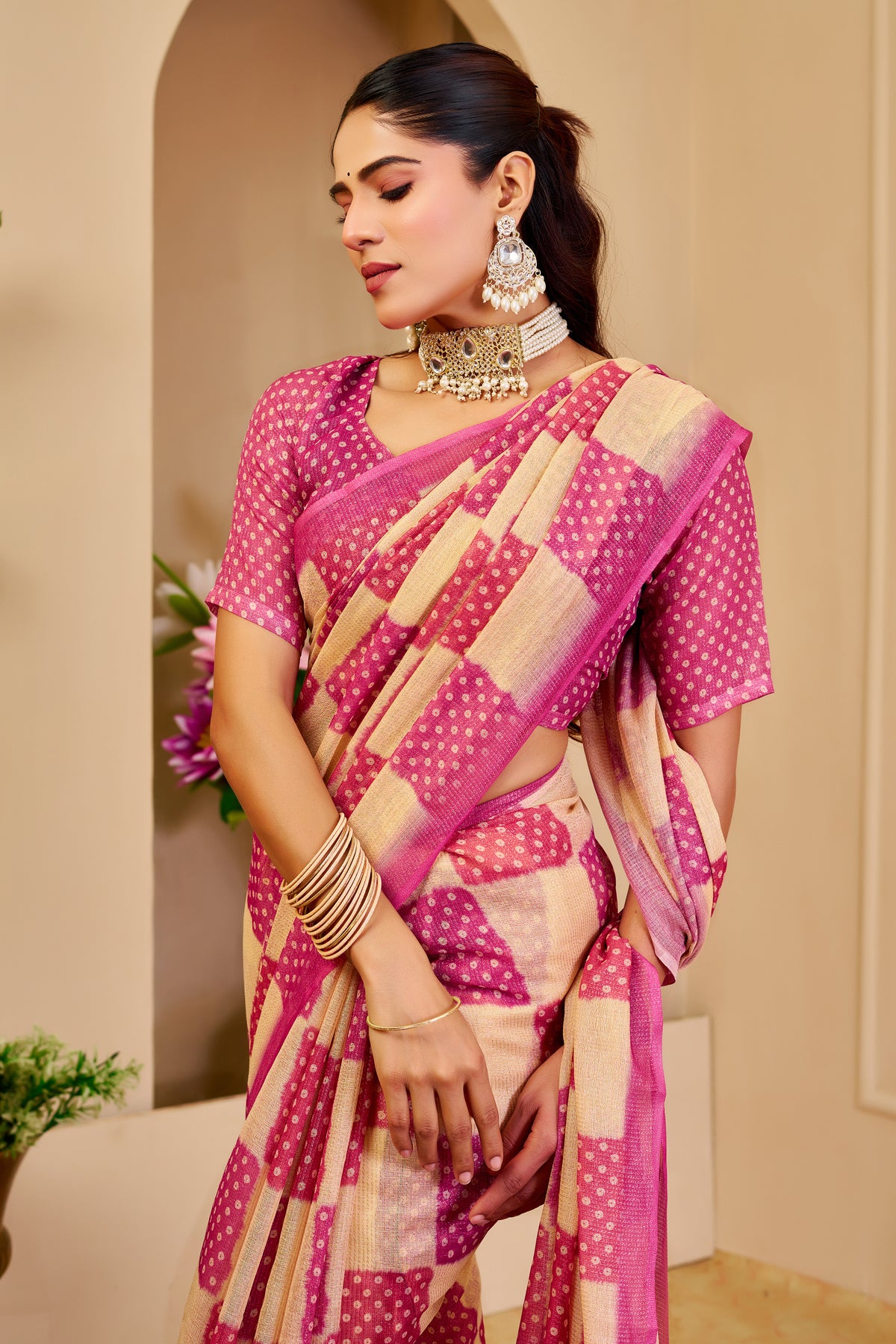 Pink and Champagne Gold Tissue Silk Saree with Checked Design, Tassel Pallu and Running Blouse for Festive Wear