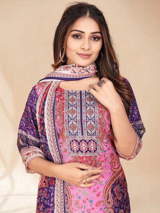 Pink, purple & white printed Kurta with Trousers & dupatta - Swaraas