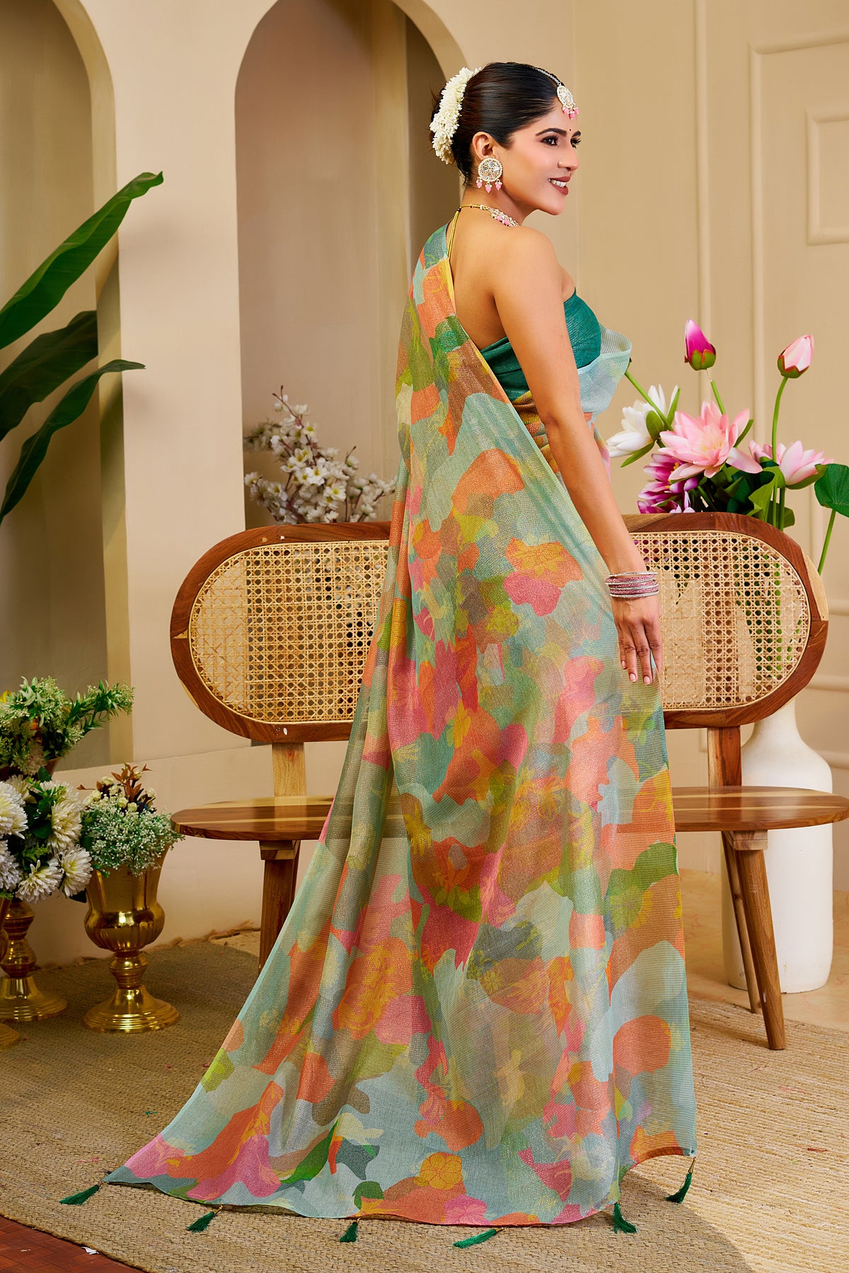 Sea Green Tissue Silk Saree with Multicolour Abstract Print and Running Blouse, 6.3 Metres for Festive Occasions