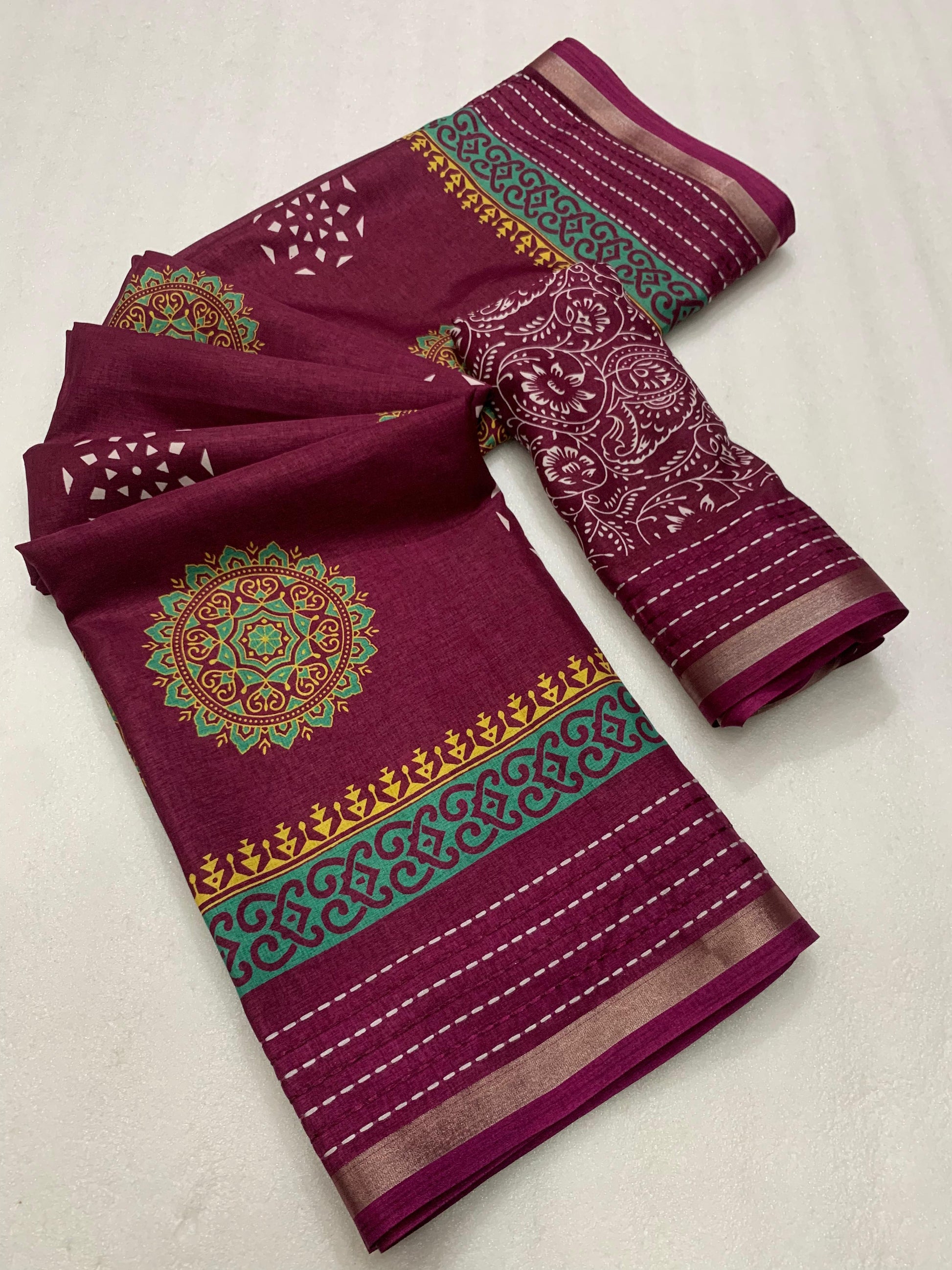 Soft dola silk saree with beautiful ajrakh pichwai print and trending katha work border. - Swaraas