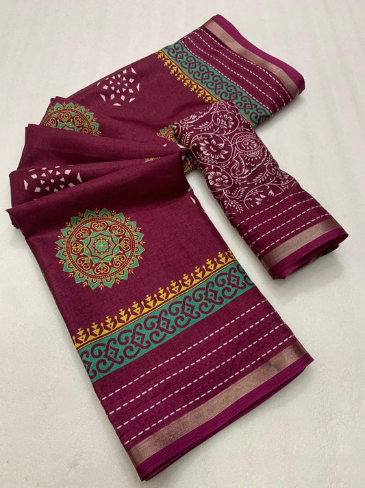 Soft dola silk saree with beautiful ajrakh pichwai print and trending katha work border. - Swaraas