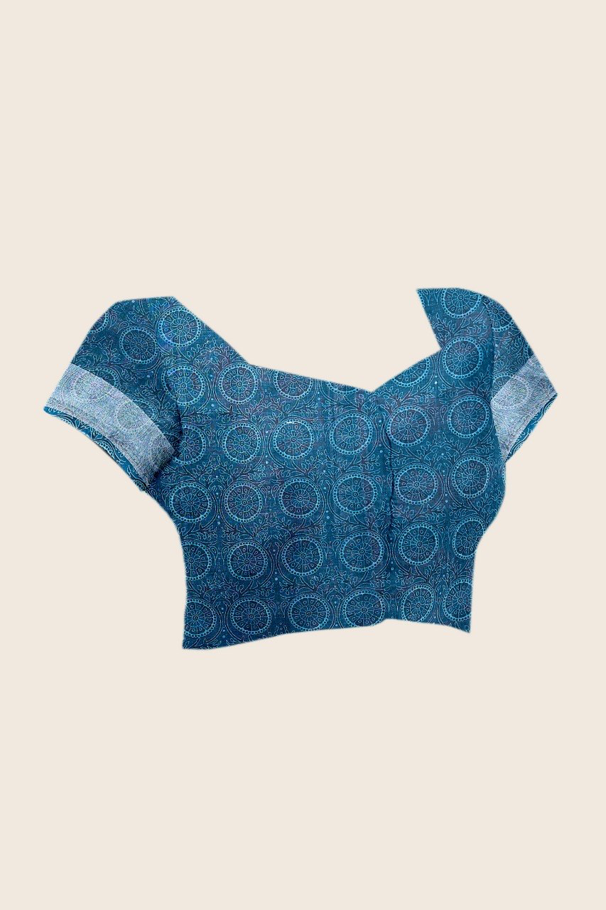 Teal Blue Soft Linen Cotton Saree with Floral Prints, Grey Border and Running Blouse for Elegant Office Wear
