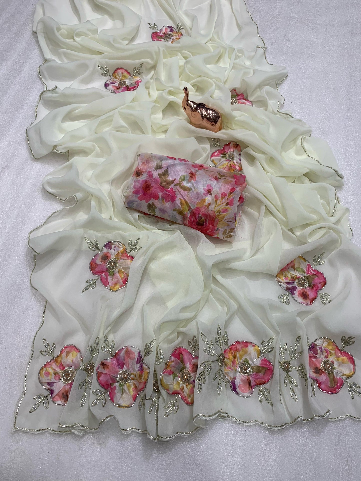 Heavy Star Georgette Saree with Floral Digital Print, Thread & Khatli Work, and Moti Embellishments