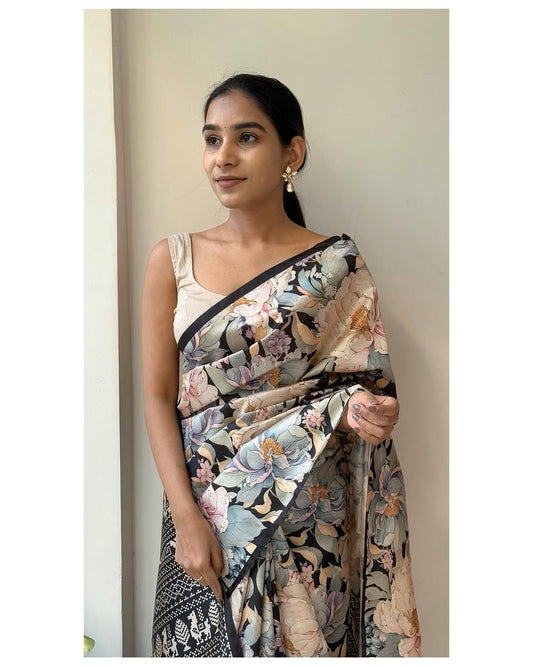 Soft Tussar Silk Saree with 3D Floral Print & Tassel Pallu – Swaraas.in