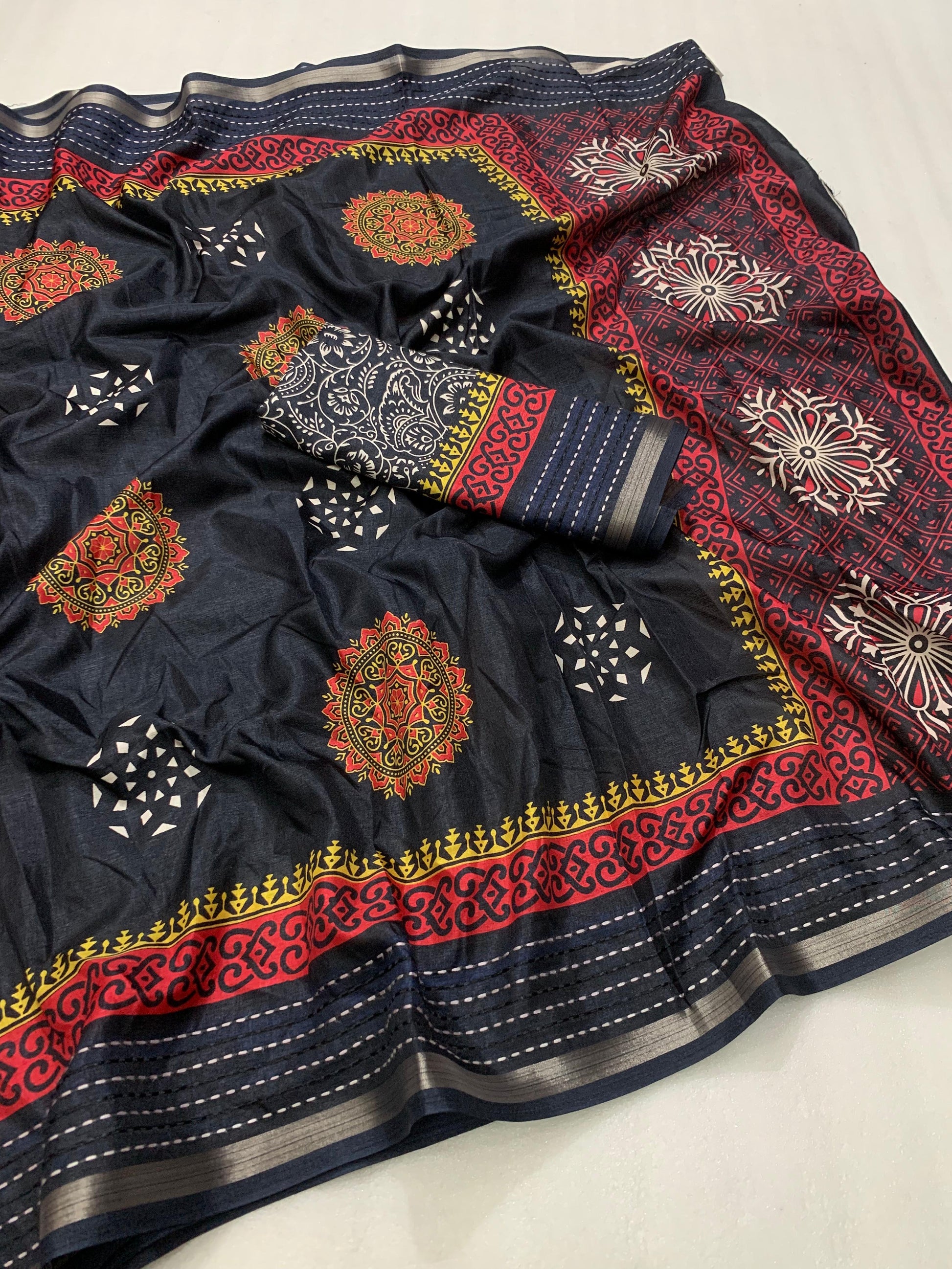 Soft dola silk saree with beautiful ajrakh pichwai print and trending katha work border. - Swaraas