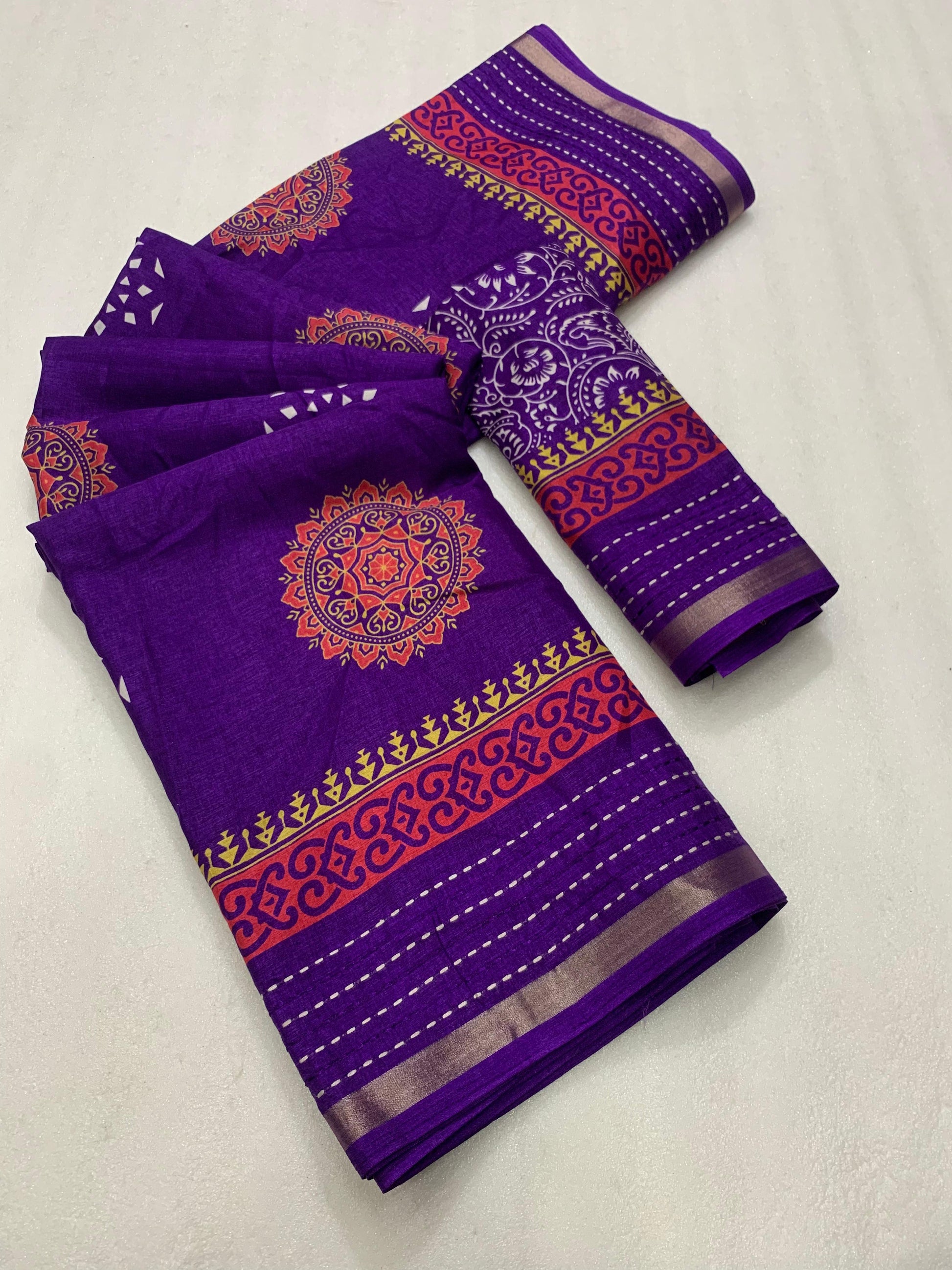 Soft dola silk saree with beautiful ajrakh pichwai print and trending katha work border. - Swaraas